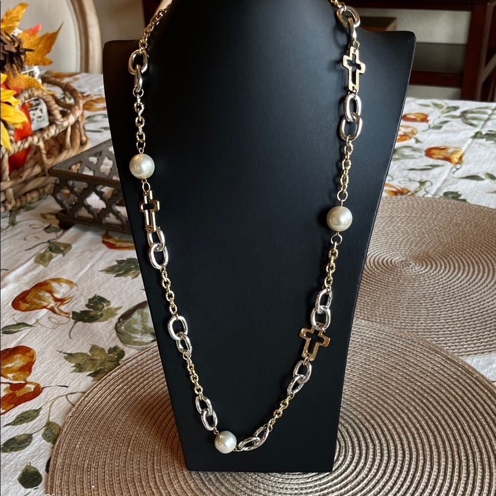 Gold and Silver Mixed Metal Cross Necklace with Pearls Large Oversized
